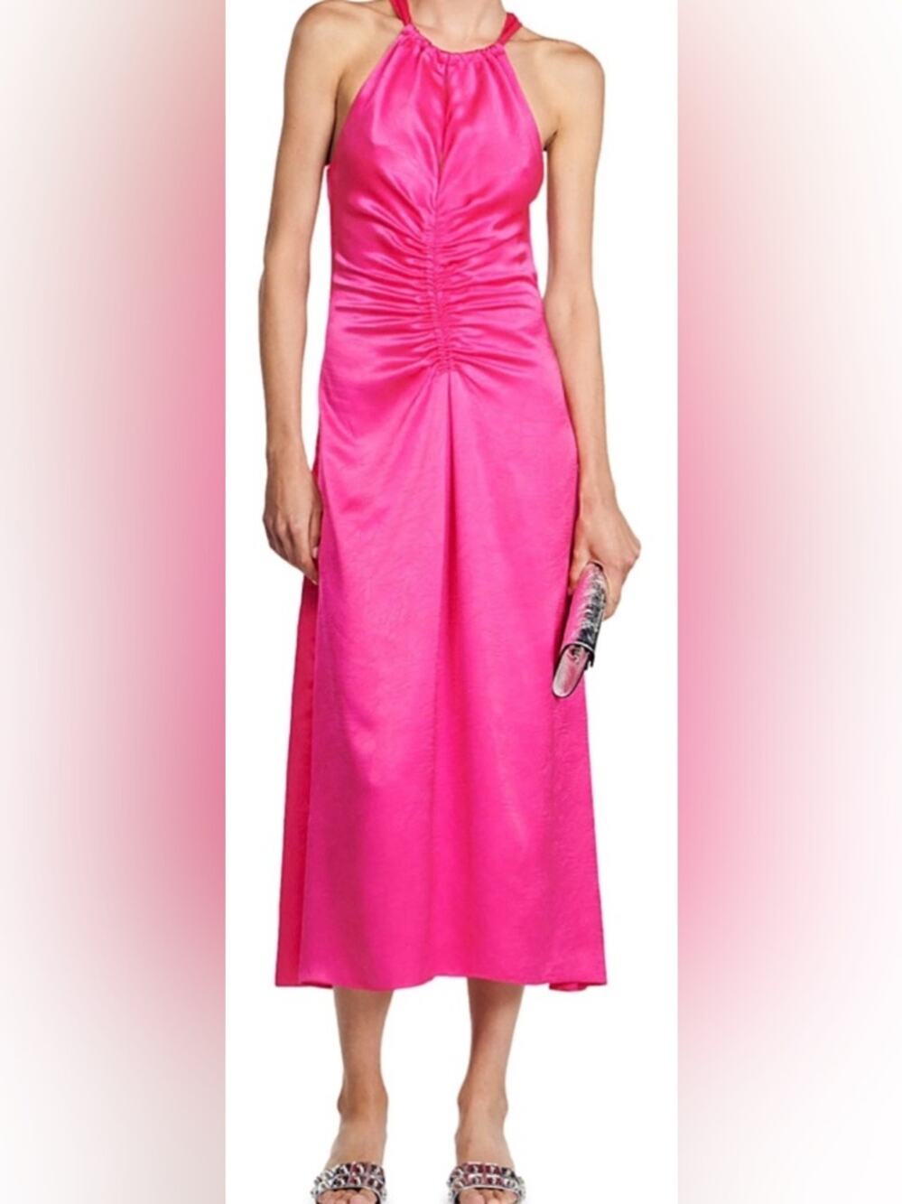 Sandro Courtney Halter Midi Dress Fushia NWT tie neck keyhole detail size small